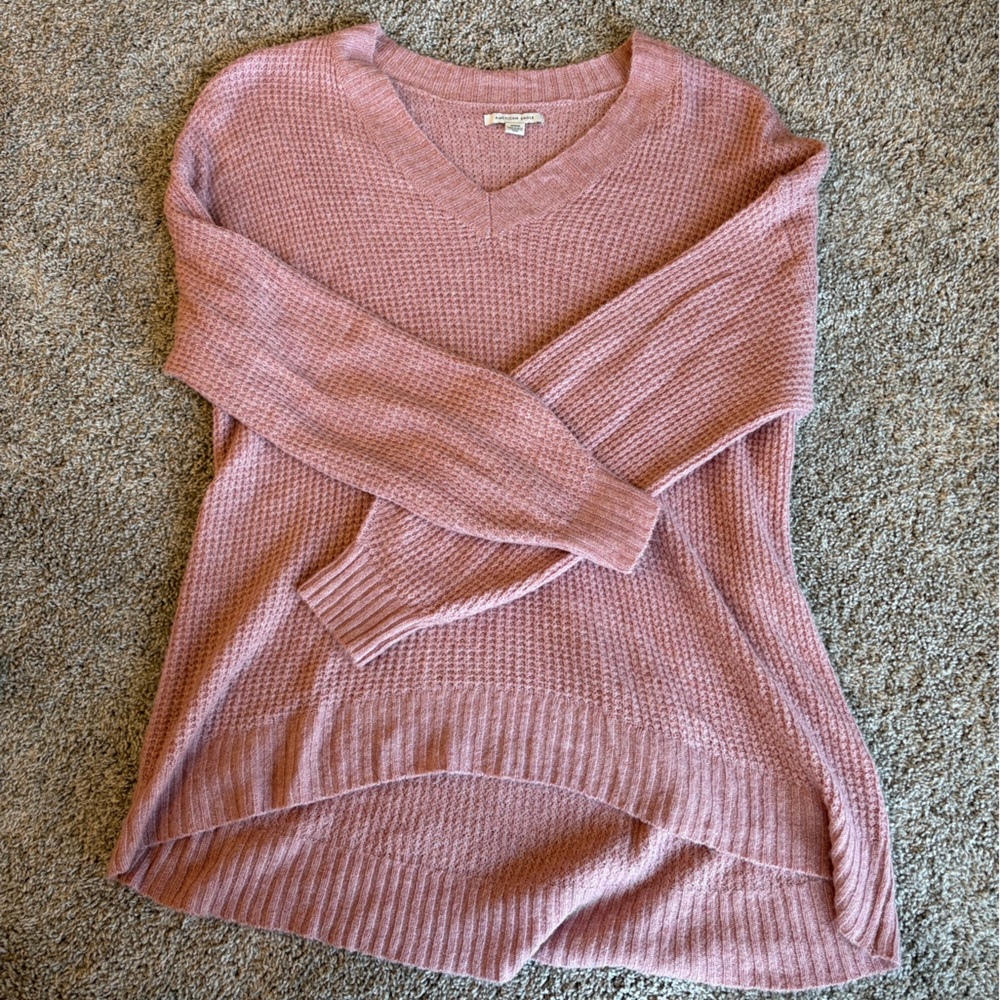 American Eagle Outfitters Blush Pink V-Neck Waffle Knit Sweater